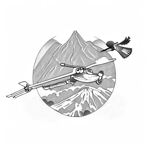 flock of parrots and helicopter flying over volcanoes, mountains and mango trees  tattoo design idea