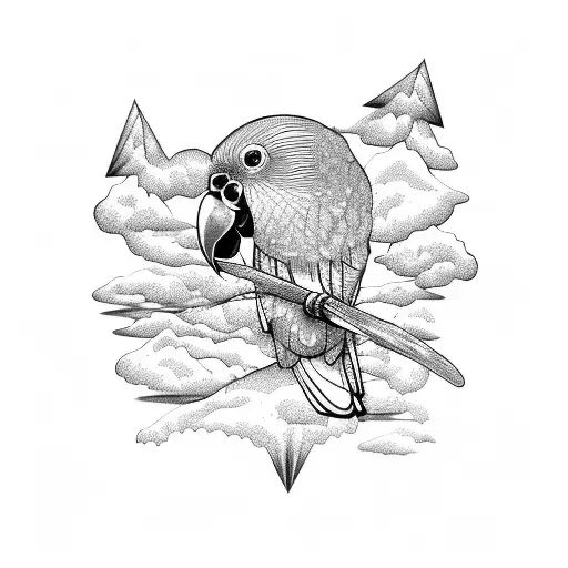 parrots and helicopter flying over volcanoes, mountains and mango trees  tattoo design idea
