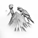 flock of parrots and army helicopter flying over volcanoes, mountains and mango trees  tattoo design idea