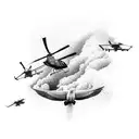 flock of parrots and army helicopter flying over volcanoes, mountains and mango trees  tattoo design idea