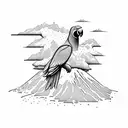 parrots and helicopter flying over volcanoes, mountains and mango trees  tattoo design idea