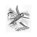 parrots and helicopter flying over volcanoes, mountains and mango trees  tattoo design idea