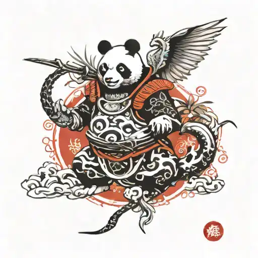 panda samurai and dragon with wings tattoo design idea
