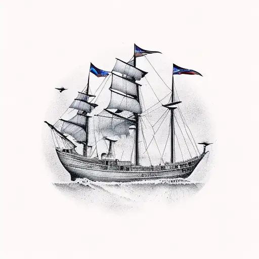 ghost ship, sparrows flying around it  tattoo design idea