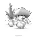 chubby Italian gangster standing with a bag of magic mushrooms a bag of cash and a bag of cannabis flower tattoo design idea