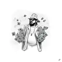 chubby Italian gangster standing with a bag of magic mushrooms a bag of cash and a bag of cannabis flower tattoo design idea