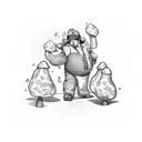 chubby Italian gangster standing with a bag of magic mushrooms a bag of cash and a bag of cannabis flower tattoo design idea