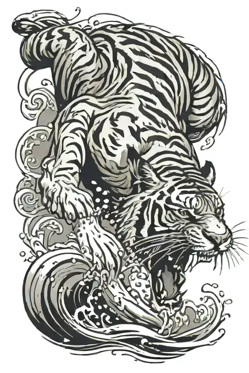 tiger leaping out from water, whole body seen on the side in profile, open mouth showing teeth, asian style tattoo design idea