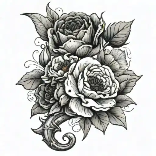 navy anchor with peony and poppy flowers intertwined tattoo design idea