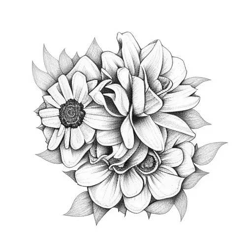 rose, marigold, daisy, daffodil  tattoo design idea