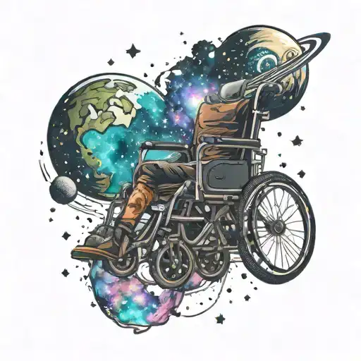 A cosmic scene with a wheelchair navigating through a galaxy filled with stars and planets tattoo design idea