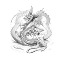 Dragon and red-haired girl pirate with him tattoo design idea