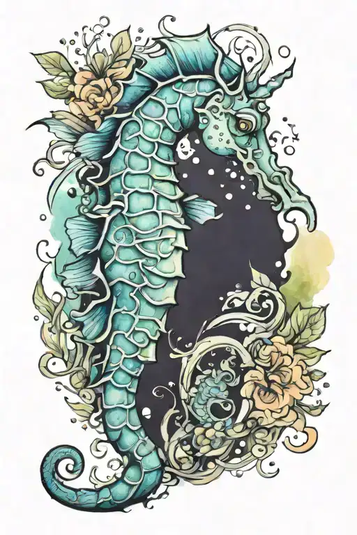 seahorse watercolour background tattoo design idea