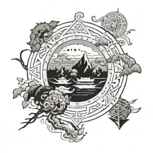 Combine elements of the Earth Kingdom with iconic imagery from popular video games in a black-grey style tattoo tattoo design idea