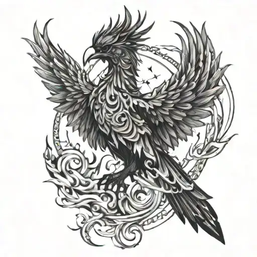 A phoenix rising from the ashes with a motivational quote intertwined in its wings tattoo design idea