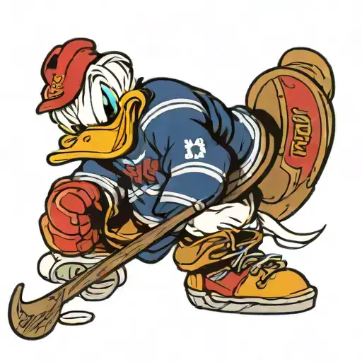 Donald Duck playing hockey with Jersey that says pappy tattoo design idea