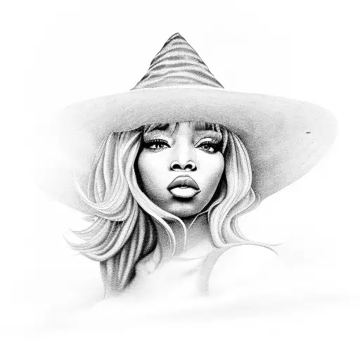 SZA's portrait in a black and grey style, wearing a pink witch hat tattoo design idea