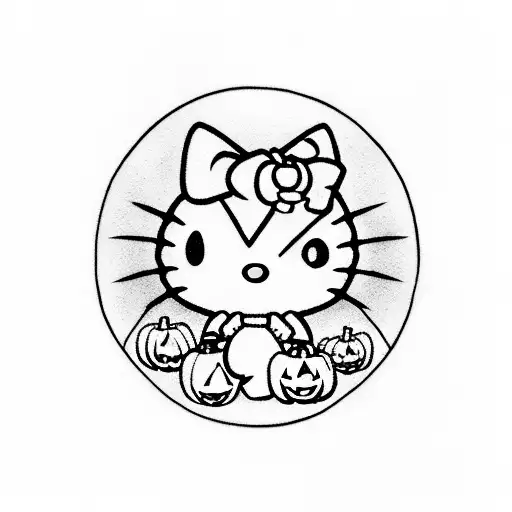 A spooky Halloween-themed Hello Kitty surrounded by pink pumpkins and bats tattoo design idea