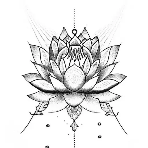 A dotwork tattoo of a lotus flower with the words 'Familie treue liebe Ehrlichkeit Gesundheit' encircling it, symbolizing purity, devotion, and good health tattoo design idea