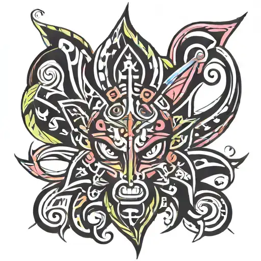 a traditional, pure black, sharp lined, intricate tribal design in the center that transforms into Day-Glo, neon, fluid  tattoo design idea