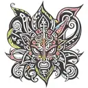 a traditional, pure black, sharp lined, intricate tribal design in the center that transforms into Day-Glo, neon, fluid  tattoo design idea