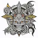 a traditional, pure black, sharp lined, intricate tribal design in the center that transforms into Day-Glo, neon, fluid  tattoo design idea