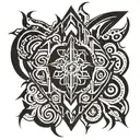 a traditional, pure black, sharp lined, intricate tribal design in the center that transforms into Day-Glo, neon, fluid  tattoo design idea