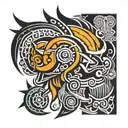 a traditional, pure black, sharp lined, intricate tribal design in the center that transforms into Day-Glo, neon, fluid  tattoo design idea