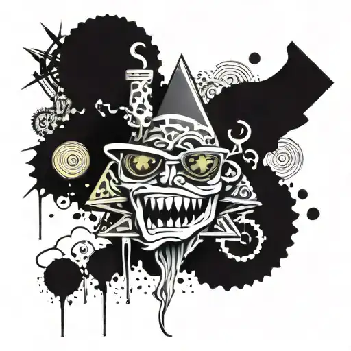 A psychedelic rave scene with abstract shapes and patterns, incorporating elements of fear and loathing in Las Vegas tattoo design idea