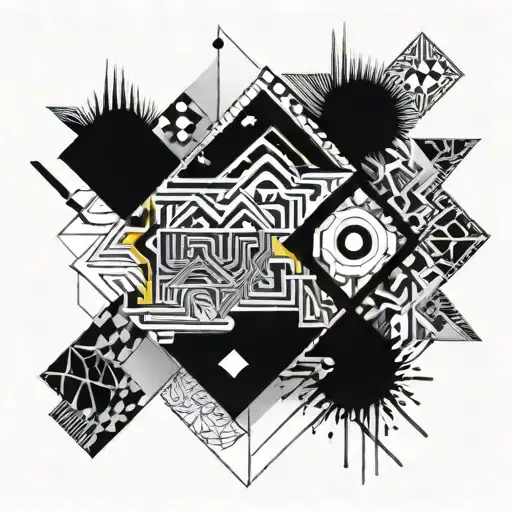 A psychedelic rave scene with abstract shapes and patterns, incorporating elements of fear and loathing in Las Vegas tattoo design idea