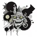 A psychedelic rave scene with abstract shapes and patterns, incorporating elements of fear and loathing in Las Vegas tattoo design idea