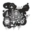 A psychedelic rave scene with abstract shapes and patterns, incorporating elements of fear and loathing in Las Vegas tattoo design idea