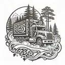 A tattoo of a truck driving through a forest with a martial arts symbol incorporated, representing a passion for both trucking and martial arts tattoo design idea
