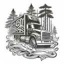 A tattoo of a truck driving through a forest with a martial arts symbol incorporated, representing a passion for both trucking and martial arts tattoo design idea