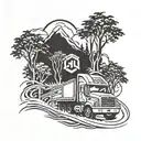 A tattoo of a truck driving through a forest with a martial arts symbol incorporated, representing a passion for both trucking and martial arts tattoo design idea