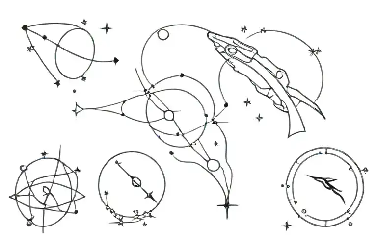 pieces and cancer constellation with moon and Neptune  tattoo design idea