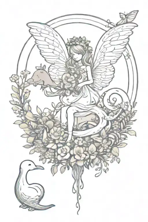 forest animals with fairy wings, one sitting on a crescent moon and one sitting on a mushroom sitting in a bed of flower tattoo design idea
