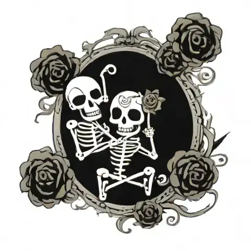 three cartoon skeletons doing funny weird things intertwined tattoo design idea