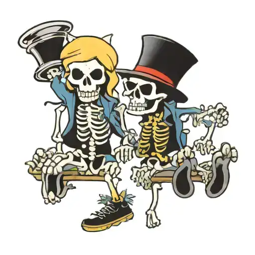 three drunk cartoon skeletons doing stupid things  tattoo design idea