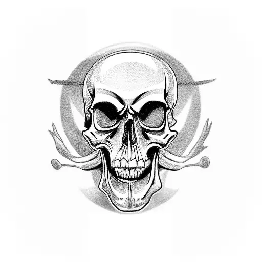 stylized cartoon skull with big black eyes, mouth a horizontal line with 2 center vertical lines, 2 crossed femur bones  tattoo design idea