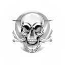 stylized cartoon skull with big black eyes, mouth a horizontal line with 2 center vertical lines, 2 crossed femur bones  tattoo design idea