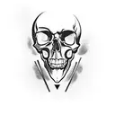 stylized cartoon skull with big black eyes, mouth a horizontal line with 2 center vertical lines, 2 crossed femur bones  tattoo design idea