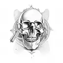 stylized cartoon skull with big black eyes, mouth a horizontal line with 2 center vertical lines, 2 crossed femur bones  tattoo design idea