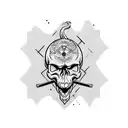 stylized cartoon skull with big black eyes, mouth a horizontal line with 2 center vertical lines, 2 crossed femur bones  tattoo design idea