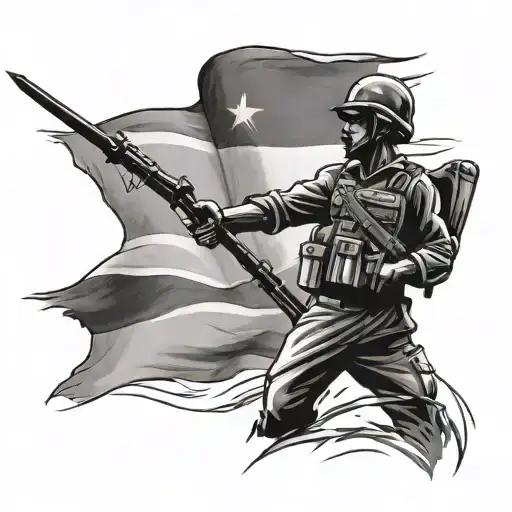 Create a tattoo of the Bangladesh flag waving proudly in the wind, with a silhouette of a soldier standing tall in front of it tattoo design idea