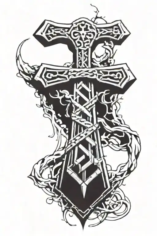 thors hammer ingraved with Runes tattoo design idea