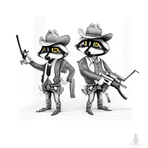 Two Racoons dressed like cowboys having a shootout with revolvers tattoo design idea