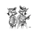 Two Racoons dressed like cowboys having a shootout with revolvers tattoo design idea