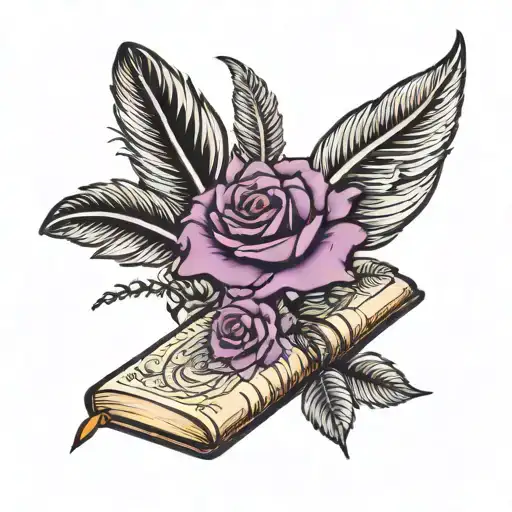 Feather pen with open book and roses in purple, black, and gray tattoo design idea