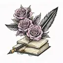 Feather pen with open book and roses in purple, black, and gray tattoo design idea